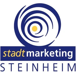 Logo des Stadtmarketings Steinheim, Kreis mit Spiralmuster und gelbem Punkt unten Stadtname.