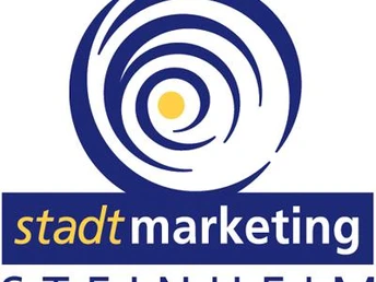 Logo des Stadtmarketings Steinheim, Kreis mit Spiralmuster und gelbem Punkt unten Stadtname.