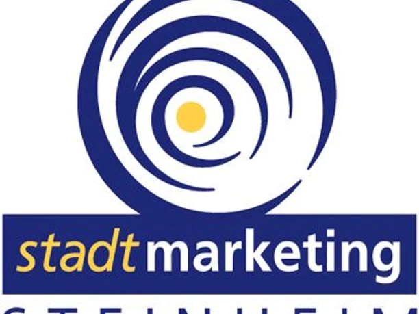 Logo des Stadtmarketings Steinheim, Kreis mit Spiralmuster und gelbem Punkt unten Stadtname.