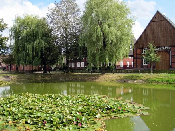Teich mit Seerosen und großen Weidenbäumen im Vordergrund, hinten ein rotbraunes Fachwerkhaus.