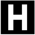 Schwarz-weißes Schild mit großem, weißem Buchstaben "H" auf schwarzem Hintergrund.