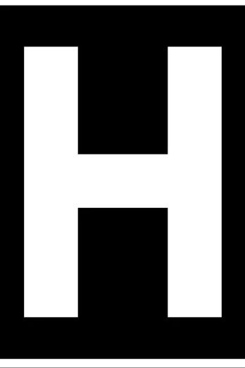 Schwarz-weißes Schild mit großem, weißem Buchstaben "H" auf schwarzem Hintergrund.