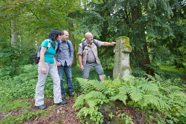 Drei Menschen stehen im Wald neben einer alten Grabstele, umgeben von Farnen und Bäumen.