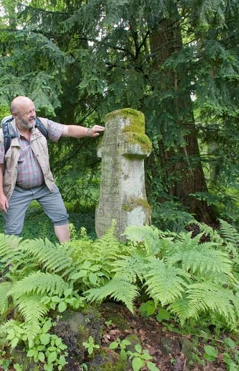 Pestfriedhof Leiberg Drei Menschen stehen im Wald neben einer alten Grabstele, umgeben von Farnen und Bäumen.