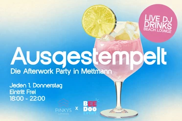 Plakat zu „Ausgestempelt“ mit pinkem Drink, Limette, Live-DJ und Beach-Lounge.