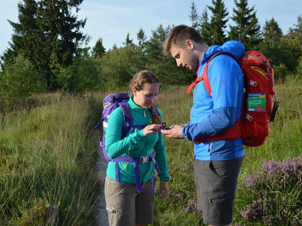Orientierung auf dem Weg zur Lippischen Velmerstot Zwei Wanderer überprüfen die Route auf einem schmalen Pfad durch eine hügelige und bewaldete Landschaft.