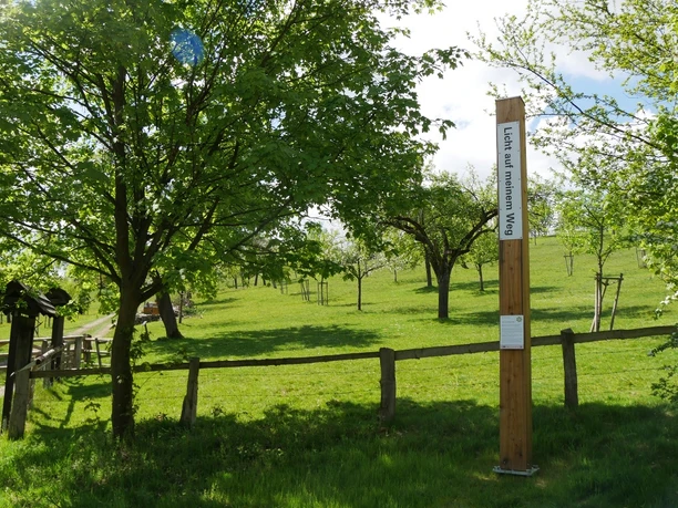Bibelpfahl am Schmandberg Holzpfahl mit Bibeltexten steht in grüner, hügeliger Landschaft, umgeben von blühenden Bäumen.
