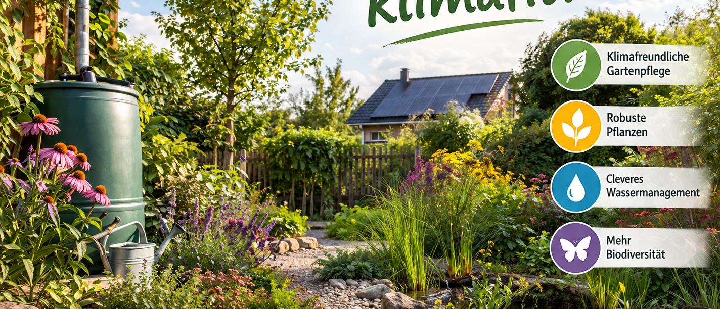 Garten mit Regentonne, Teich, Stauden und Symbolen zu Hitze, Trockenheit und Starkregen.