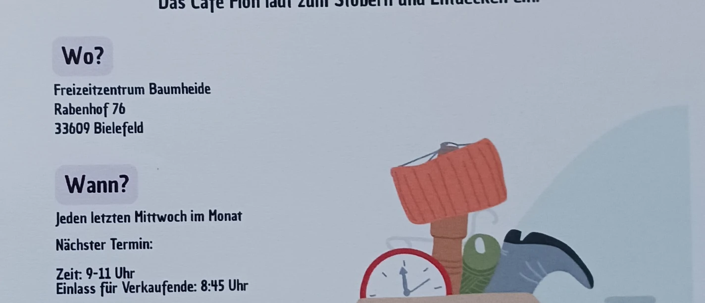 Der Traditionsflohmarkt in Baumheide im Freizeitzentrum, jeden letzten Mi. im Monat von 9-11 Uhr