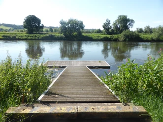 Kanuanleger am Fluss, mit Wiesen und Bäumen an der anderen Flussseite.
