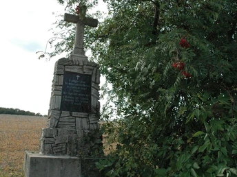 Gefallenen Denkmal Steinernes Kriegerdenkmal mit Kreuz steht neben einem Strauch, umgeben von Feldern und Bäumen.