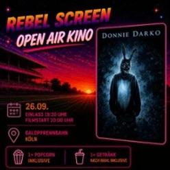 Plakat zu Donnie Darko beim Reel Screen Open-Air-Kino mit Hasenmotiv und Terminangaben