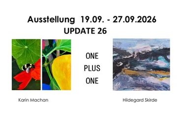 Plakat zur Ausstellung „Update 26“ mit Blumenmotiven und abstrakter Landschaftsmalerei.