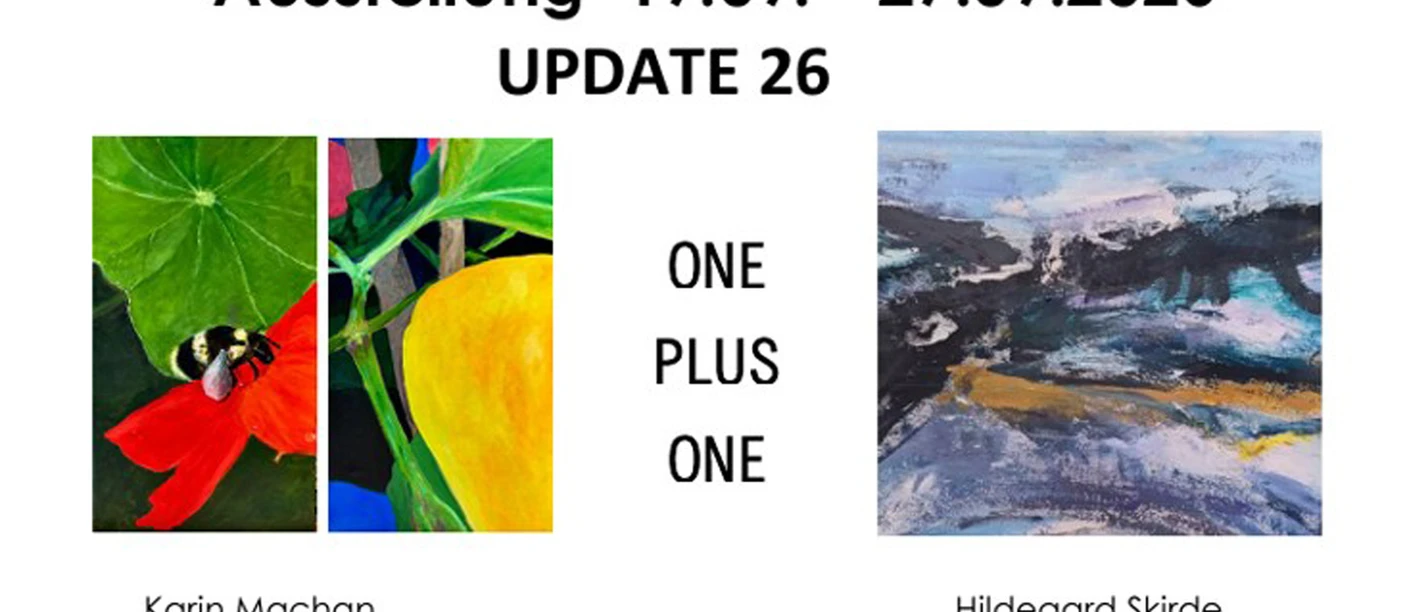 Plakat zur Ausstellung „Update 26“ mit Blumenmotiven und abstrakter Landschaftsmalerei.