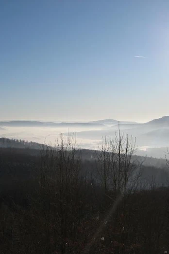 Blick vom Wanderweg am Winterberg Blick über neblige Täler und bewaldete Hügel bei Sonnenaufgang vom Winterberg-Wanderweg.
