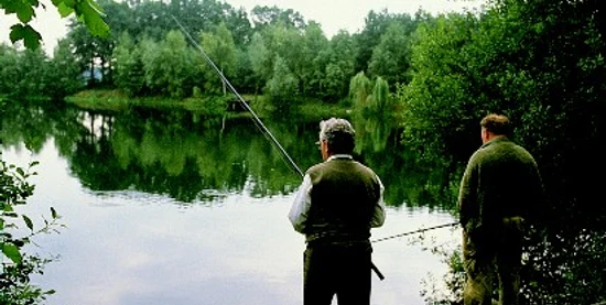 Zwei Männer stehen am Ufer eines üppig bewachsenen Sees, vertieft ins Fischen bei ruhigem Wetter.