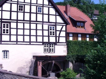 Stark'sche Mühle in Kohlstädt Fachwerkhaus mit rotem Ziegeldach, Wasserrad an der Seite, umgeben von Bäumen und Steinmauer.