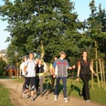 Sechs Menschen beim Nordic Walking auf einem Parkweg, umgeben von grüner Natur und Bäumen.
