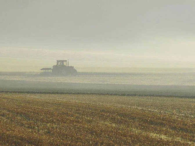Ein Traktor pflügt ein weites Feld unter bewölktem Himmel, in einer ländlichen und ruhigen Umgebung.