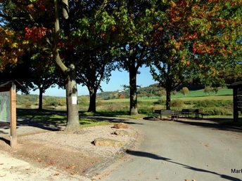 Weserhöhen_Am_Weserparkplatz_Wehrden Parkplatz am Rande eines Waldes mit Infotafel, Bänken und Blick auf eine hügelige Landschaft.