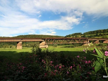 Weserhöhen_alte_Bahnbrücke_Wehrden_Meinbrexen Alte Bahnbrücke in Wehrden, eingebettet in eine grüne Landschaft mit Hügeln und blühenden Pflanzen.