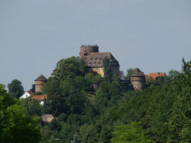 Blick auf die Trendelburg Trendelburg thront umgeben von üppigem Grün auf einem Hügel, mit mittelalterlichen Türmen und Dächern.