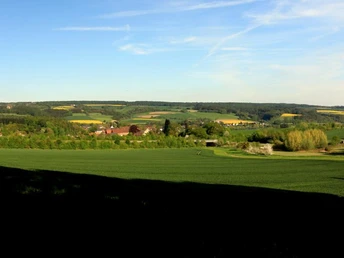 Blick auf Blankenau Sanfte Hügel mit Feldern und Bäumen, vereinzelte Gebäude und ein weitläufiger blauer Himmel.