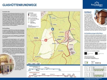 Informationstafel über Glashüttenrundwanderwege mit Kartenübersicht und historischen Erläuterungen.