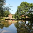 Backhaus am Dorfteich Backhaus an einem ruhigen Dorfteich, umgeben von Bäumen und Wiesen, spiegelt im klaren Wasser.