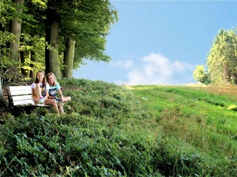 Kirchweg Zwei Personen sitzen auf einer Bank in einem Waldstück mit Blick auf eine sonnige Wiese unter blauem Himmel.