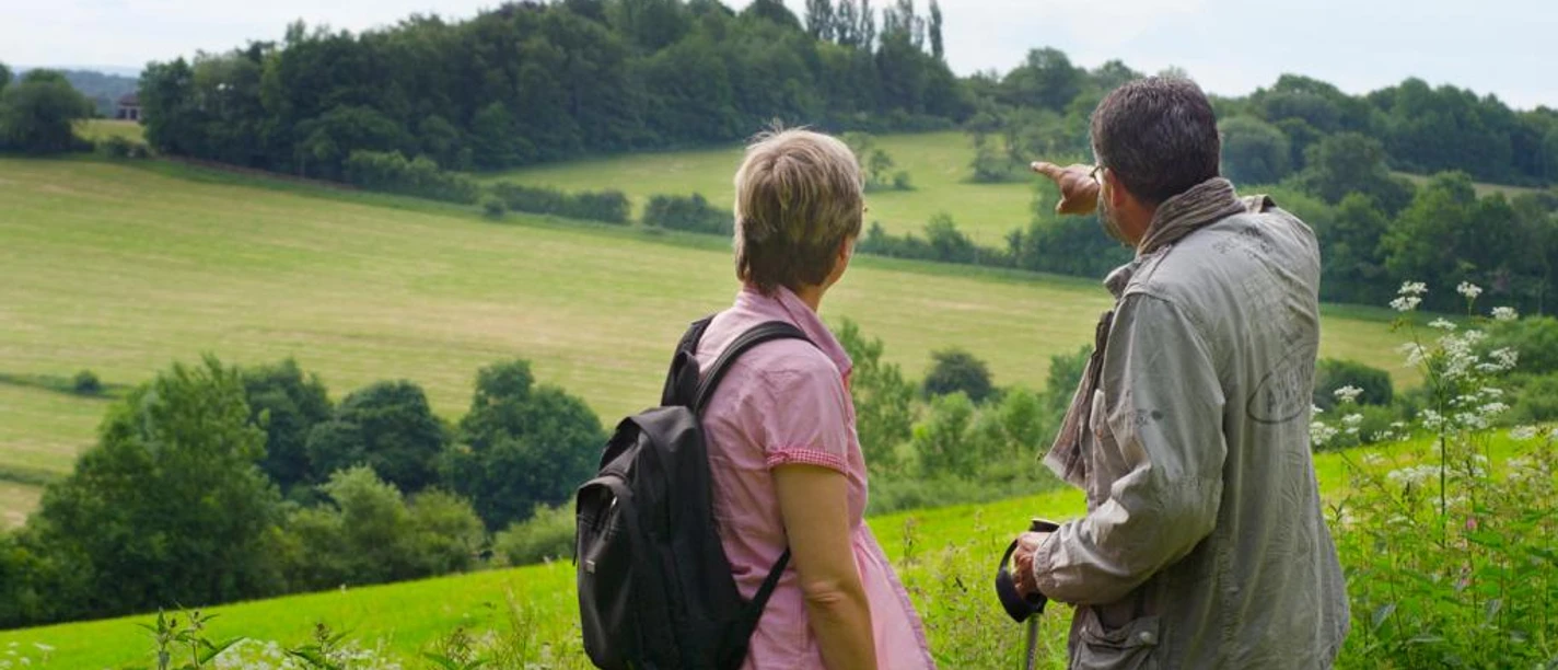 Wanderer Zwei Personen stehen auf einem Hügel und blicken auf eine weitläufige grüne Landschaft.