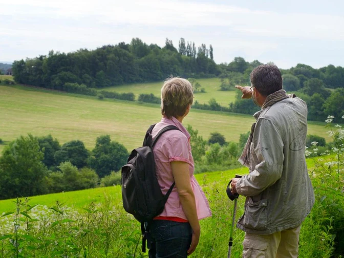 Wanderer Zwei Personen stehen auf einem Hügel und blicken auf eine weitläufige grüne Landschaft.