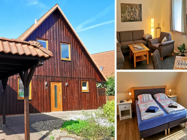 Ferienhaus Heidegeist Ein modernes Holzhaus in einer sonnigen Umgebung. Im Inneren sind gemütliche Sitzplätze und ein einladendes Schlafzimmer zu sehen.