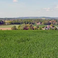 Weites Hügelland mit grünen Feldern, verstreuten Bauernhöfen und dichten Wäldern am Horizont.