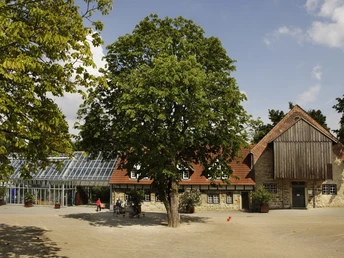 Kindermuseum Klipp Klapp im Vier-Jahreszeiten-Park Ein traditionelles Fachwerkgebäude neben einem modernen Glashaus im Vier-Jahreszeiten-Park.