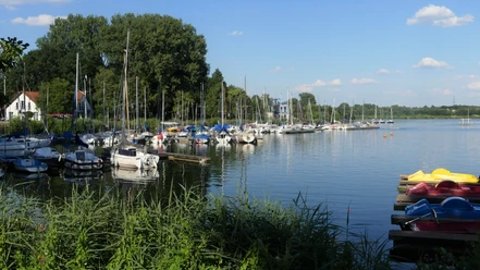 Segelboote am Steg Segelboote liegen vertäut an einem Steg eines ruhigen Sees, im Hintergrund sind Bäume sichtbar.