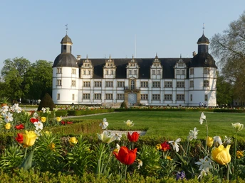 Schloß Neuhaus mit Barockgarten (Frühlingsbepflanzung) Schloss Neuhaus im Frühling, mit lebendigen Blumen im Barockgarten vor der eleganten Fassade.