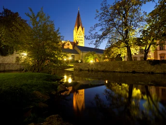 Abendlicher Blick auf den angestrahlten Dom, Kaiserpfalz und Dielenpader, gespiegelt im ruhigen Wasser.