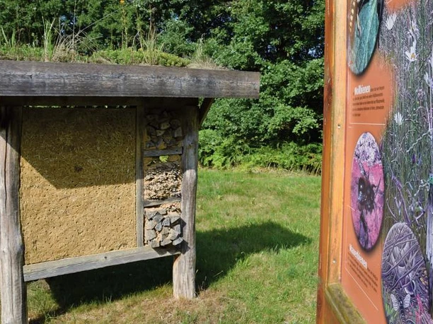 Insektenhotel mit informativer Schautafel Insektenhotel mit natürlichen Baumaterialien, flankiert von einer Schautafel zur Insektenwelt.