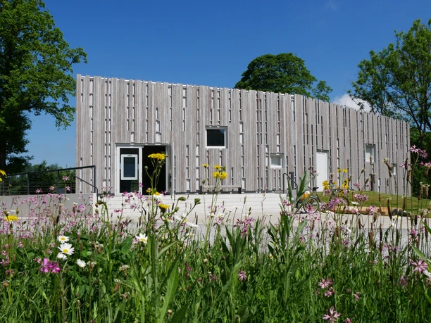Das Besucherzentrum Marienmünster mit moderner Holzfassade, umgeben von bunten Wildblumen.