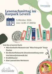 Flyer zum Lesenachmittag im Kurpark Levern am 3. Oktober 2026 mit Programmaktivitäten.