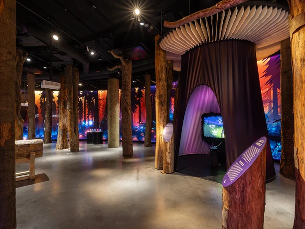 Pilzförmige Station in der HEX Erlebniswelt Ausstellung zwischen Baumstämmen und Lichtinstallationen.