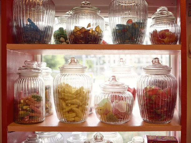 Jars full of colourful candies at the Nox water kiosk in Frankfurt