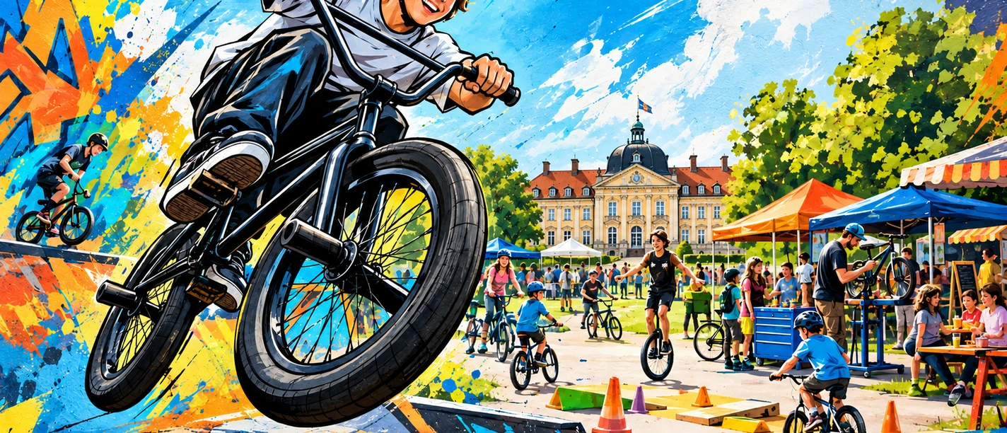 Kinder und Erwachsene fahren BMX vor dem Palais Rastede, mit Parcours und bunten Ständen.