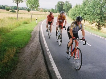 Drei Radfahrer in Sportkleidung fahren hintereinander eine von Bäumen gesäumte Landstraße entlang.