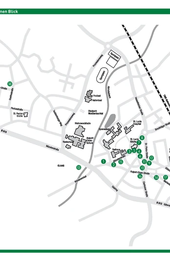 Harsewinkeler Stelen Karte mit Standorten Stilisierte Stadtkarte zeigt Sehenswürdigkeiten und Orientierungspunkte in nummerierten Stecknadeln.