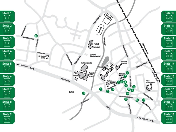 Harsewinkeler Stelen Karte mit Standorten Stilisierte Stadtkarte zeigt Sehenswürdigkeiten und Orientierungspunkte in nummerierten Stecknadeln.