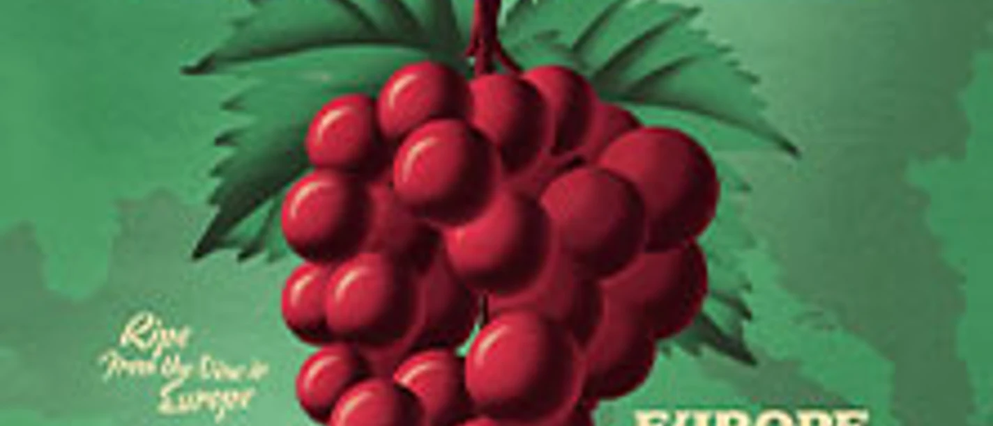 Grünes Ripe-Tourplakat mit roter Traube, Berglandschaft und kleiner Person im Vordergrund