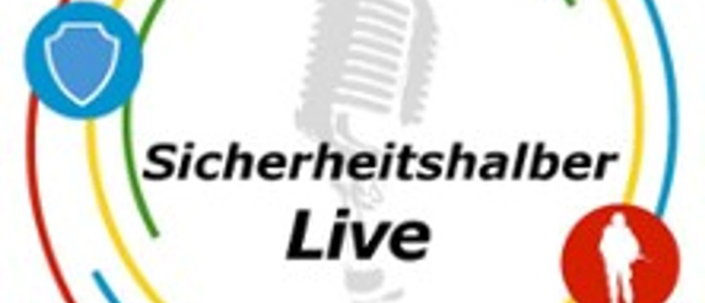 Logo von Sicherheitshalber Live mit Mikrofon und farbigen Symbolkreisen