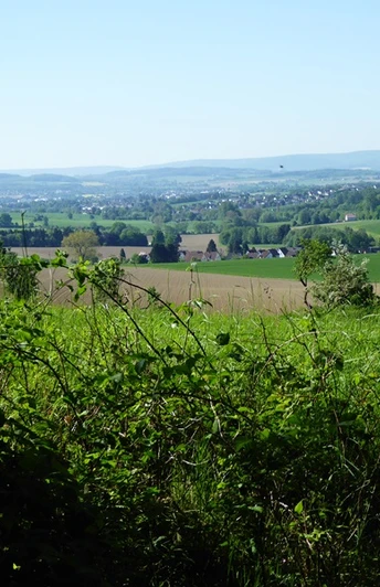 Blick über Felder und Wiesen auf eine weite Landschaft mit Hügeln und einem Dorf im Hintergrund.